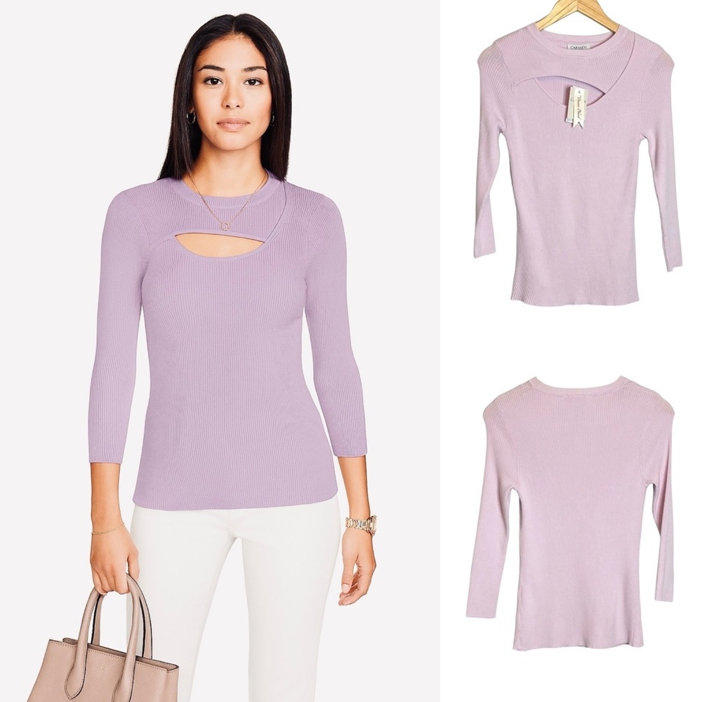 Carmen Marc Valvo Ribbed Knit Top Size Medium Keyhole Front Lavender